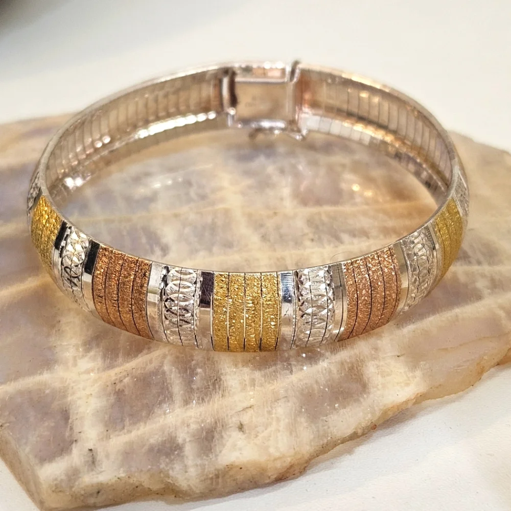 JCM Gold Over Sterling Silver Bracelet 3 Color Vermeil Omega Flex Bangle Italy